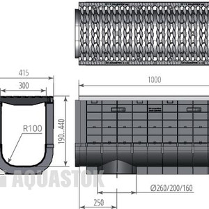 Лоток водоотводный пластиковый ЛВП PROFI DN300 в комплекте с решеткой DN300 E600 