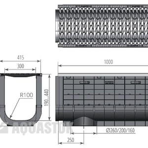 Лоток водоотводный пластиковый ЛВП PROFI DN300 в комплекте с решеткой DN300 C250 